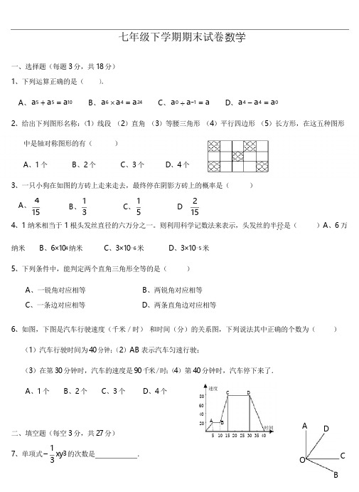 北师大版七年级数学下册期末考试试卷及答案