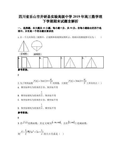 四川省乐山市井研县实验高级中学2019年高三数学理下学期期末试题含解析