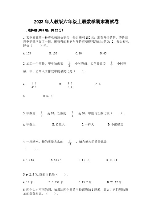 2023年人教版六年级上册数学期末测试卷及答案(新)