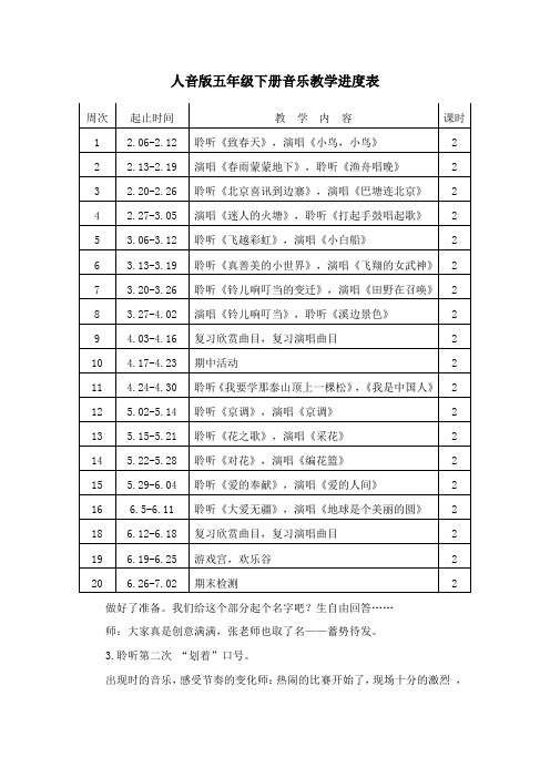 人音版五年级下册音乐教学进度表