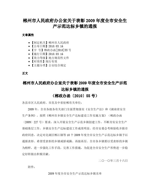 郴州市人民政府办公室关于表彰2009年度全市安全生产示范达标乡镇的通报