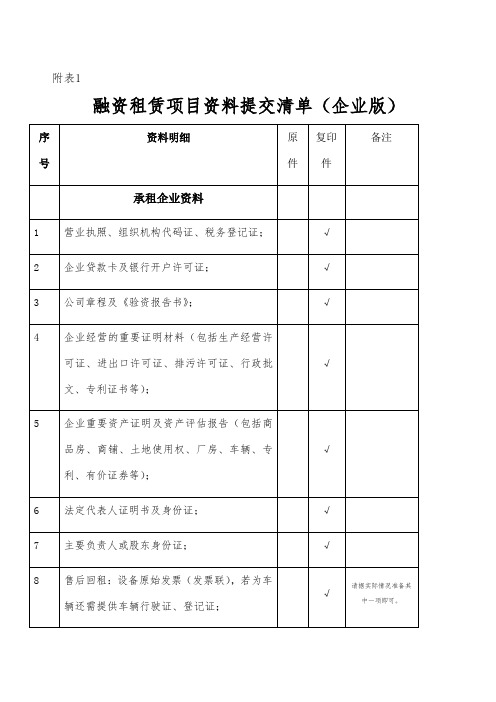 融资租赁申请清单