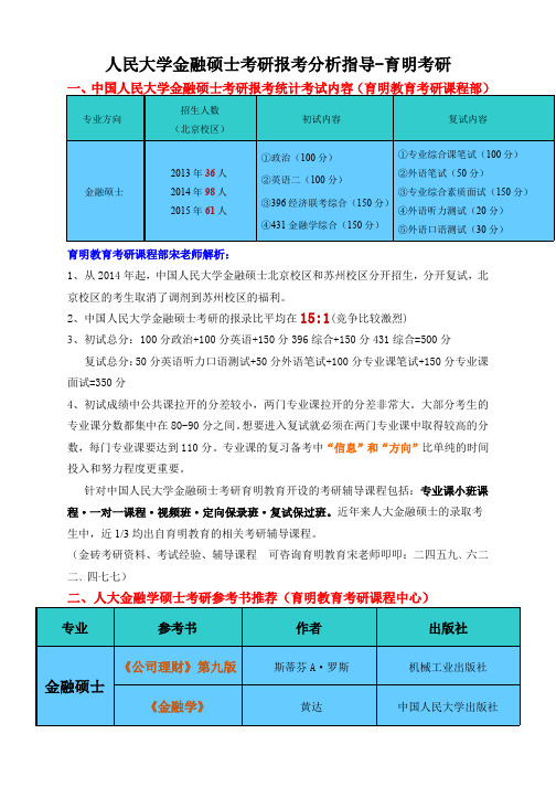 2017年2016年中国人民大学金融硕士考研历年真题资料复试要求