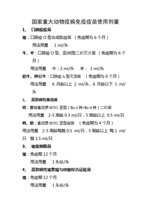 国家重大动物疫病免疫疫苗使用剂量