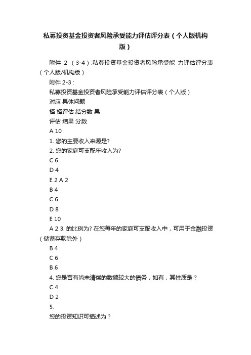 私募投资基金投资者风险承受能力评估评分表（个人版机构版）