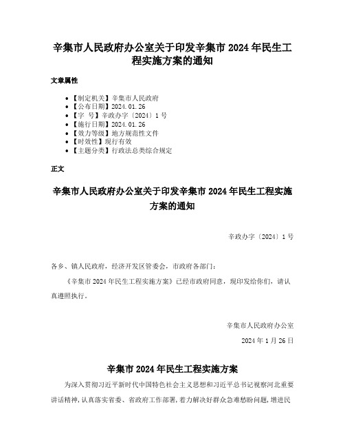 辛集市人民政府办公室关于印发辛集市2024年民生工程实施方案的通知