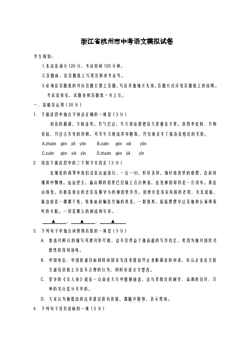 2020-2021学年浙江省杭州市中考语文模拟试卷3及答案