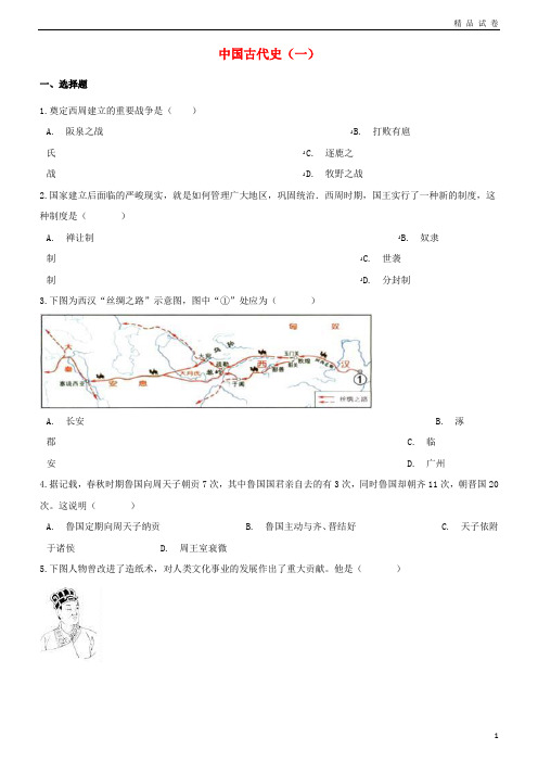 2019年中考历史复习专题训练 中国古代史综合一(含解析) 新人教版