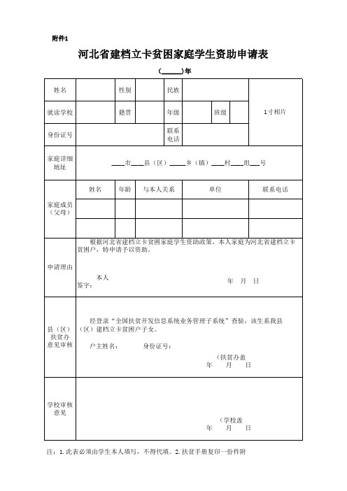 河北省建档立卡贫困家庭学生资助申请表 