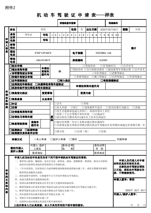 机动车驾驶证申请表——样表