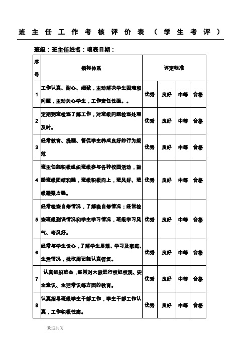 班主任工作考核评价表