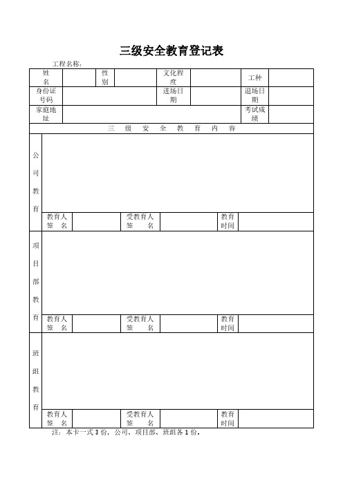 三级安全教育登记表模板