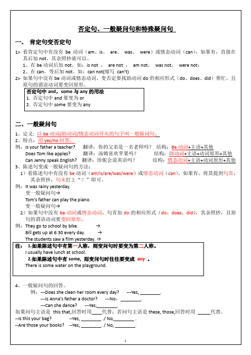 否定句、一般疑问句和特殊疑问句讲练学案