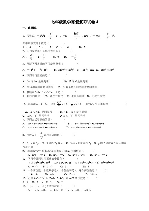 七年级数学寒假复习试卷4