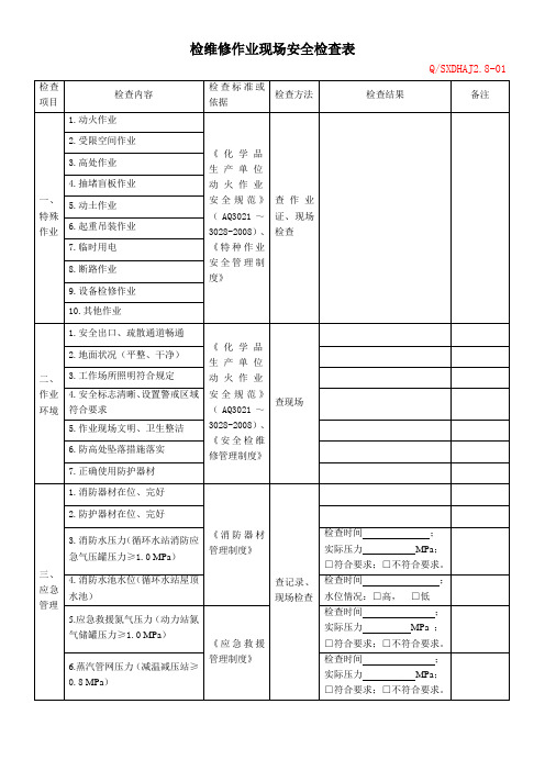 检维修作业现场安全检查表