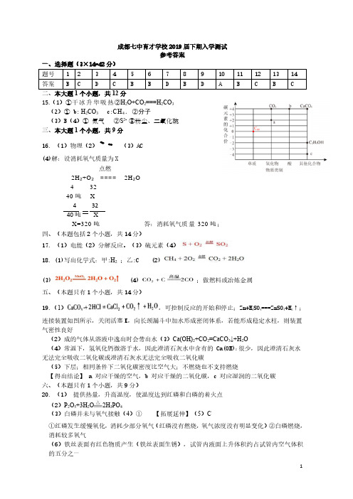 2019年2月19日四川省成都七中育才学校2019 届下期入学测试化学答案