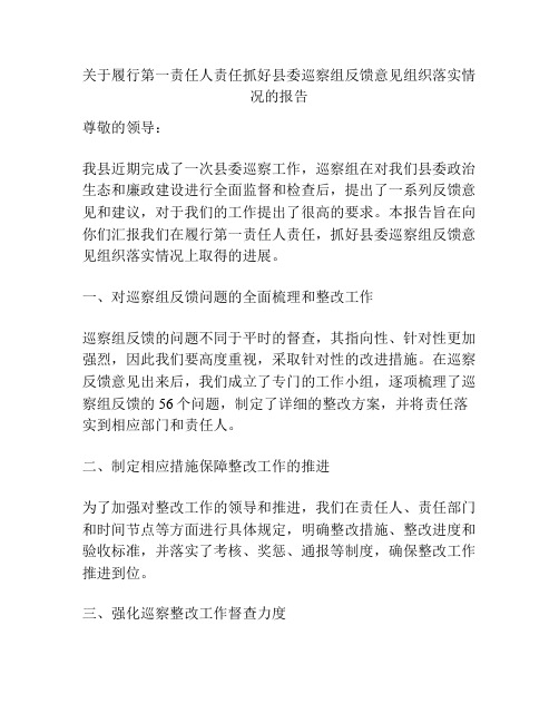 关于履行第一责任人责任抓好县委巡察组反馈意见组织落实情况的报告