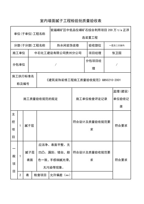 室内墙面腻子工程检验批质量验收表