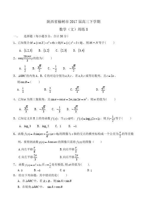 陕西省榆树市2017届高三下学期数学(文)周练8Word版含答案