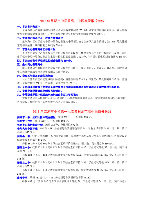 2013年芜湖市中考示范高中、普高、中职类录取分数线大全