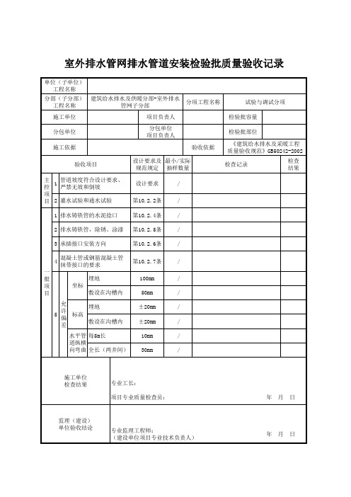 室外排水管网排水管道安装检验批质量验收记录