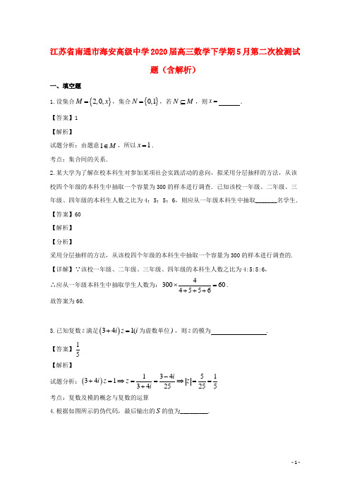 江苏省南通市海安高级中学2020届高三数学下学期5月第二次检测试题含解析