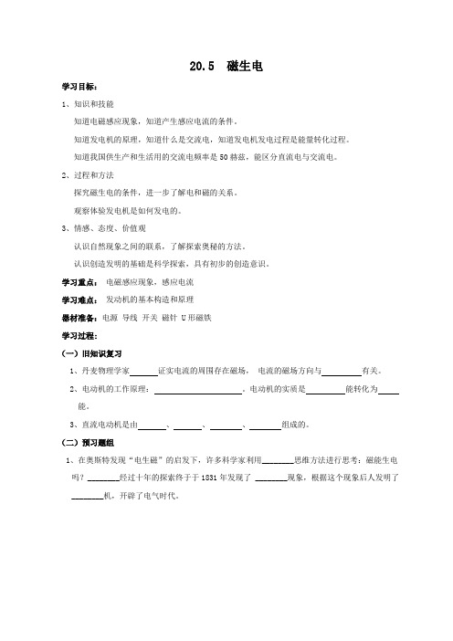 期人教版物理九年级全册学案：20.5磁生电