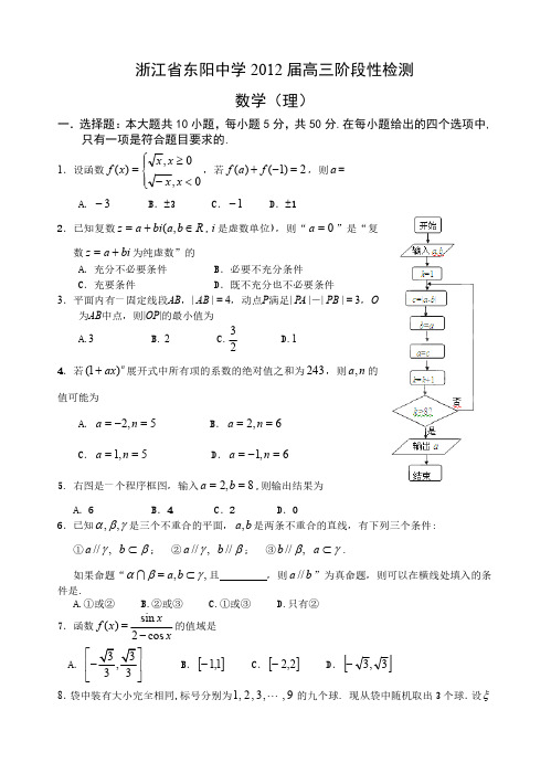 浙江省东阳中学2012届高三阶段性检测 数学(理)