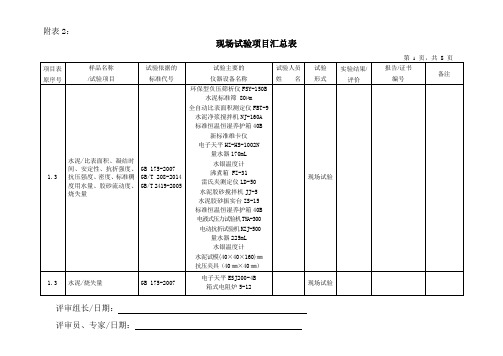 现场试验项目汇总表