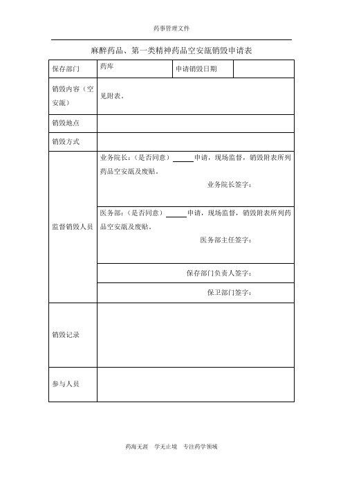 【实用】麻精药品管理-18空安瓿销毁申请表