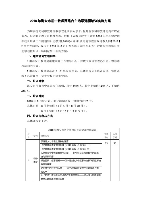 2018年海安初中教师网络自主选学远程培训实施方案