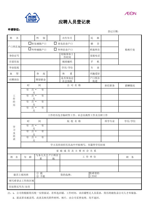 便利店有限公司应聘人员登记表