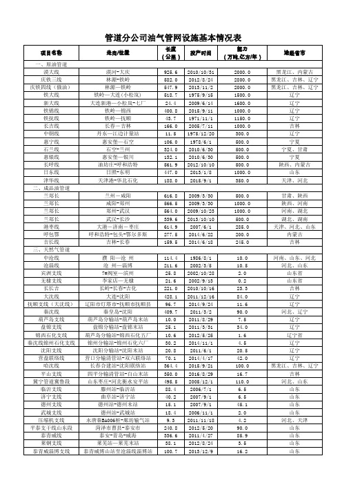 管道分公司油气管网设施基本情况表