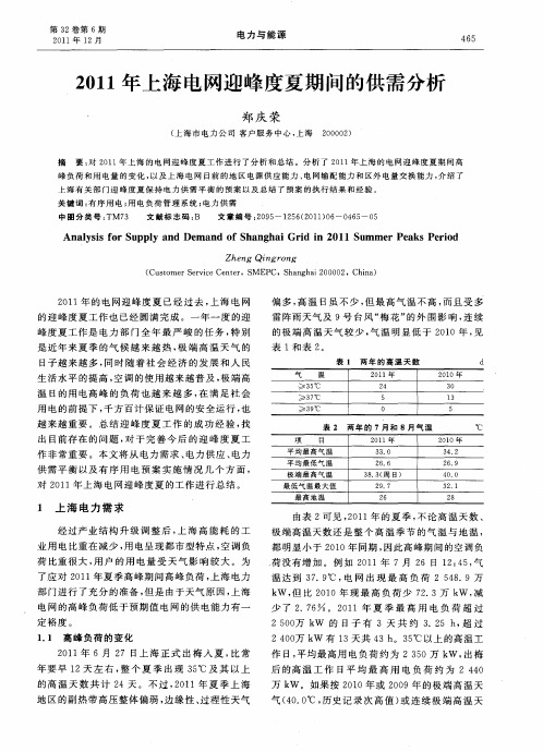 2011年上海电网迎峰度夏期间的供需分析