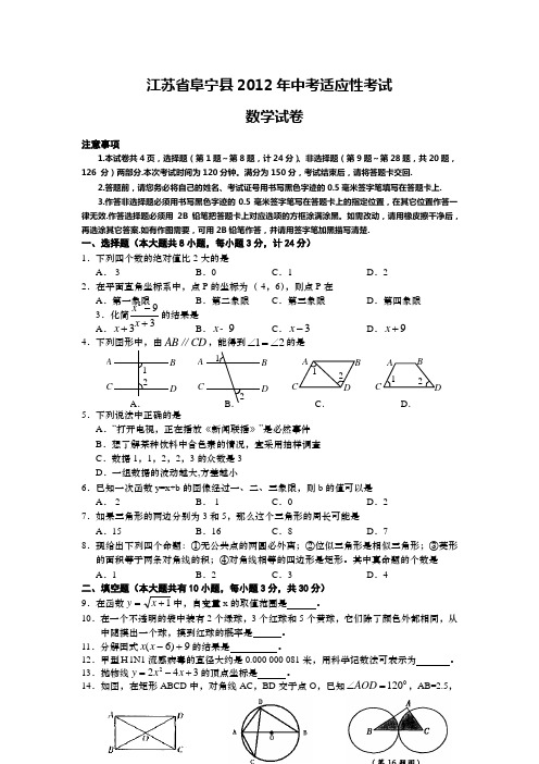 江苏省阜宁县2012年中考适应性考试数学试题