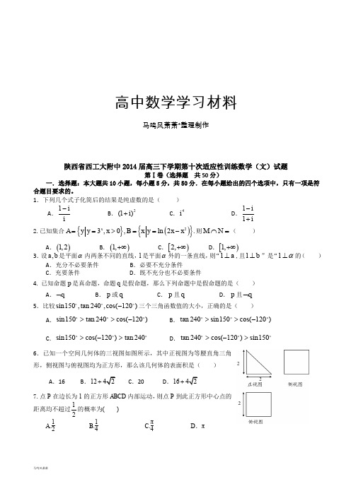 陕西省西工大附中高三下学期第十次适应性训练数学(文)试题.docx