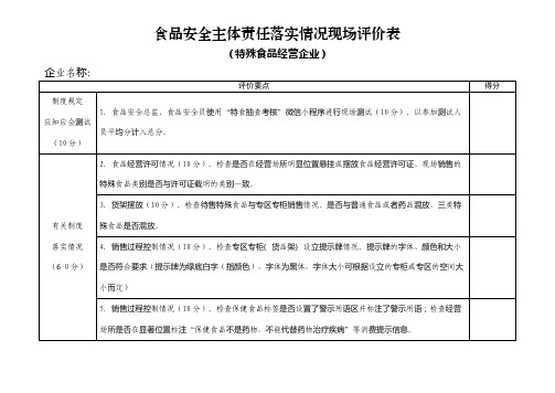 食品安全主体责任落实情况现场评价表(特殊食品经营企业)