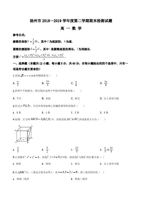 江苏省扬州市扬州中学2018—2019学年度高一第二学期期末检测数学试题