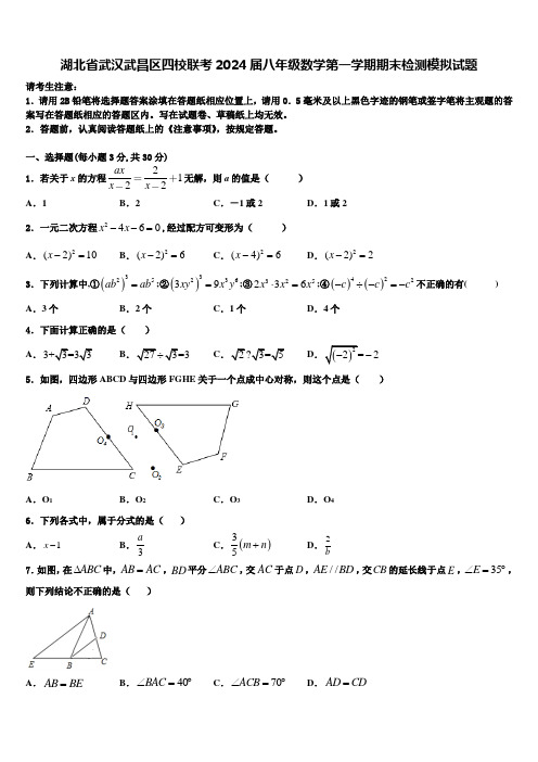 湖北省武汉武昌区四校联考2024届八年级数学第一学期期末检测模拟试题含解析