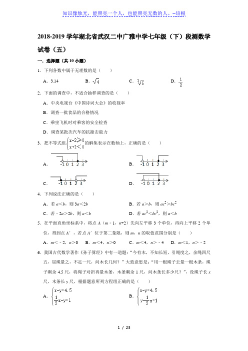 2018-2019学年湖北省武汉二中广雅中学七年级(下)段测数学试卷(五)  解析版