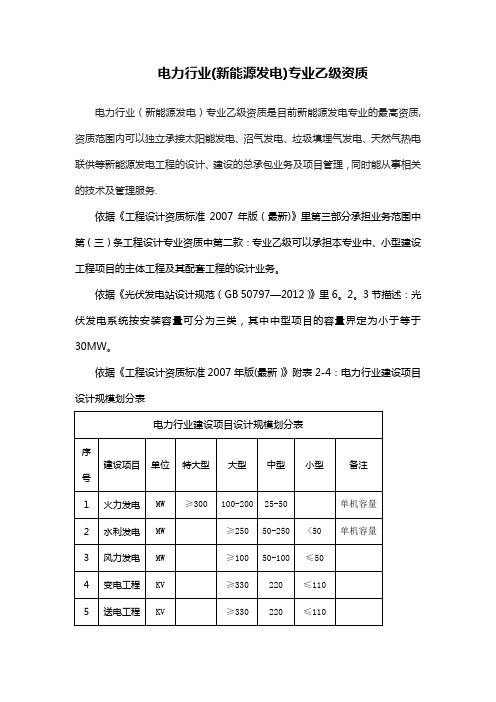 电力行业(新能源发电)专业乙级资质