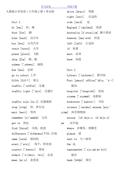人教版小学英语六年级上册单词表带音标
