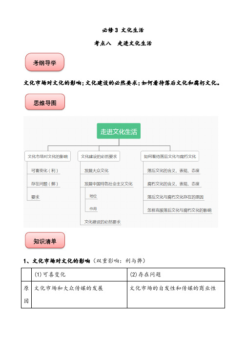 【归纳】2020年高考政治考点必备手册(人教版)：考点08 走进文化生活(必修3)