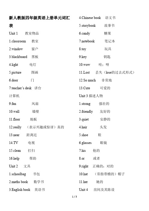 新人教版四年级英语上册单元词汇表