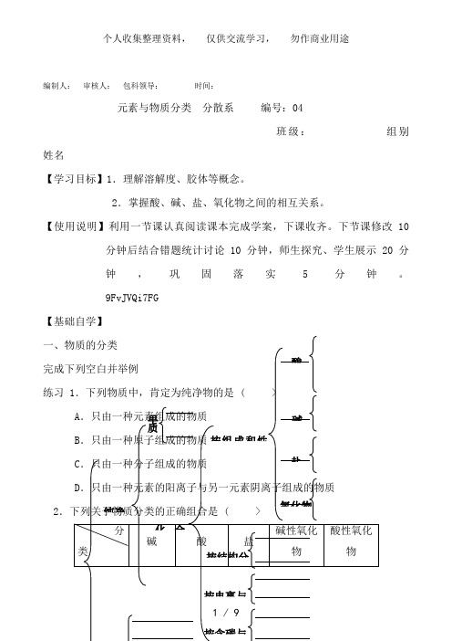 山东昌乐二中2012届高三一轮原创化学教案：4元素与物质分类  分散系(含答案)