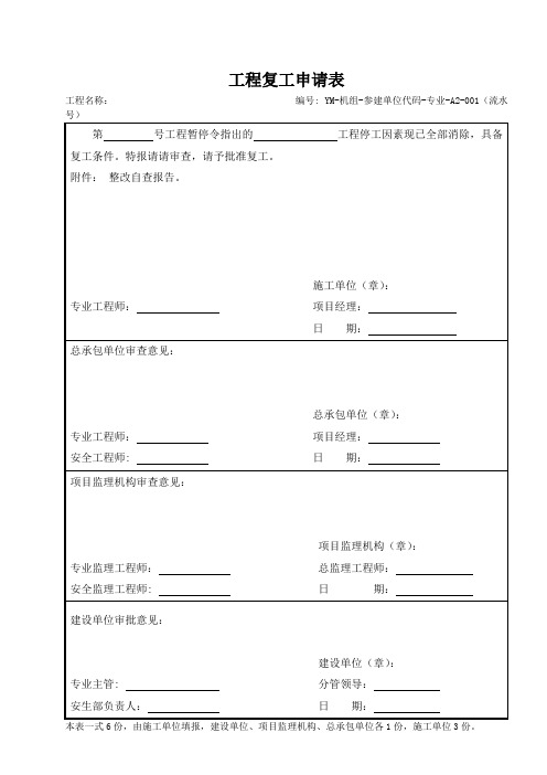 工程复工申请表