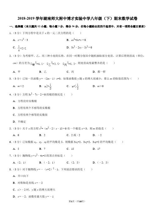 2018-2019学年湖南师大附中博才实验中学八年级(下)期末数学试卷