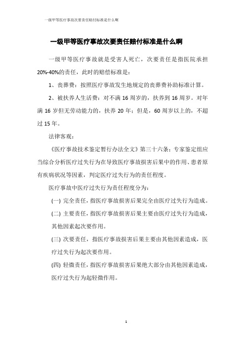 一级甲等医疗事故次要责任赔付标准是什么啊