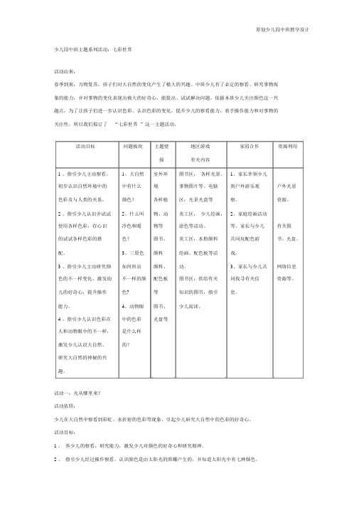 幼儿园中班教案：幼儿园中班主题：七彩世界