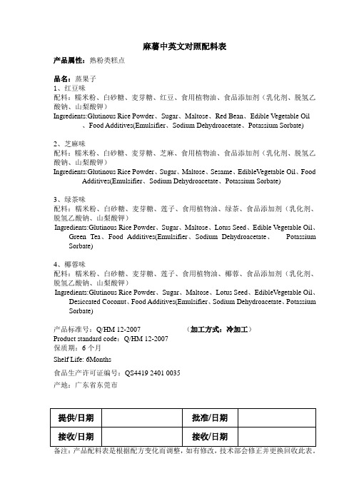 麻薯产品配料中英文对照表